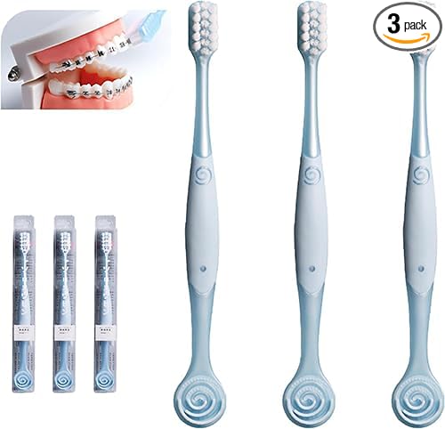 V-Shaped Orthodontic Toothbrush Dental Brush for Braces, for Kids/Teens/Adult, for Sensitive Teeth, for Delicate Gums, Soft Bristles, Toothbrush for Braces, with Tongue Cleaner, Blue, 3pcs