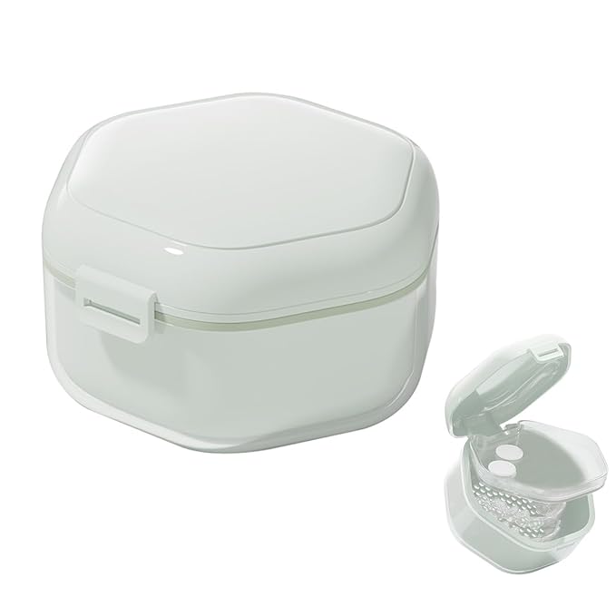 Denture Bath Box Cup with Strainer Basket,teeth Retainer Cleaning Box, Braces Teeth Aligner Case, Clear Braces, Mouth Guard Storage Box Holder for Household|Travel|Office