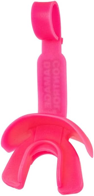 DAMAGE CONTROL Mouthguard with Permanent Helmet Strap, Youth Mouth Guard to Protect Lips & Teeth, No Boiling Pacifier, Breathable Binky Mouthpiece, Football Mouthpiece, Works with Braces (Hot Pink)