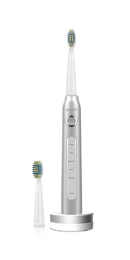 Voom Sonic Pro 5 Series Rechargeable Electronic Toothbrush, Dentist Recommended, Advanced Oral Care, 2 Minute Timer with Quadrant Pacing, 5 Adjustable Speeds, Soft Dupont Nylon Bristles, Silver