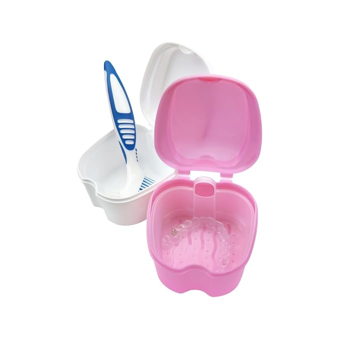 2pcs Denture Bath Retainer Case, Dentaure Cups for Soaking Dentures with Strainer Basket Tray,Compact and Pportable Design, Suitable for Traveling (White+Light Blue)