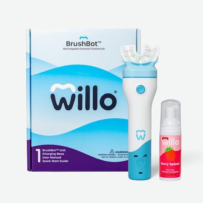 Willo BrushBot Kids U-Shaped Toothbrush Starter Kit – Rechargeable, Smart Electric Toothbrush for Kids Ages 5-7 w/App, Soft Bristles, Plaque Removal, Gentle & Deep Clean Modes | Small Berry Splash