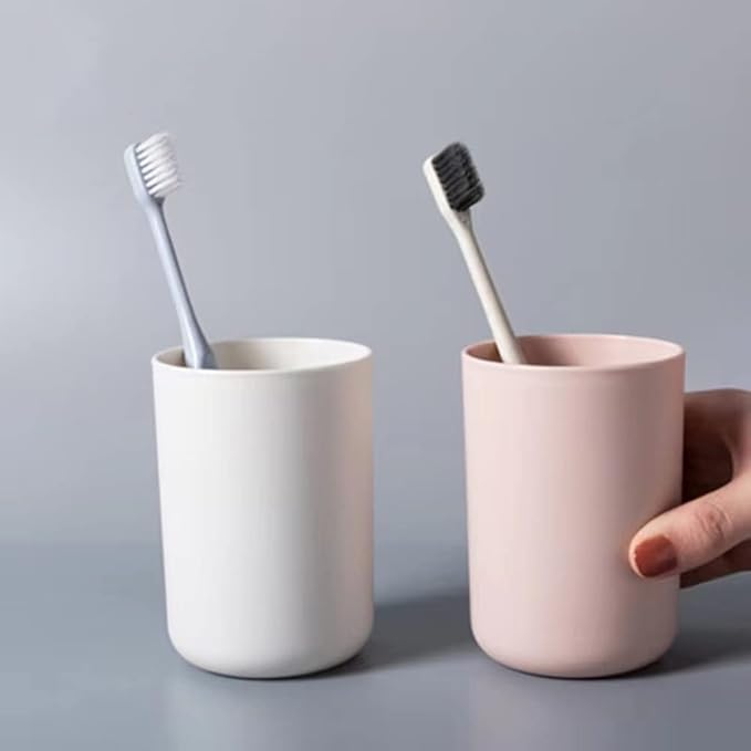 Simple Student Dormitory Plastic Toothbrush Cup Couple wash 2-Piece Set Solid Color Cups 300ml (10 oz) (Light Grey & Light Pink)