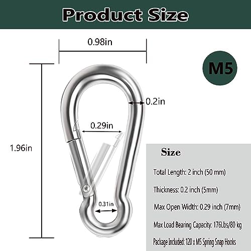 M5 Spring Snap Hook Carabiners, Carabiner Clip, Heavy Duty Galvanized Steel Spring Clip, Quick Link Key Chain for Swing Hammock Gym Outdoor, Holding Capacity