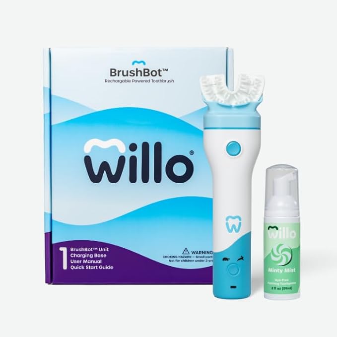 Willo BrushBot Kids U-Shaped Toothbrush Starter Kit – Rechargeable, Smart Electric Toothbrush for Kids Ages 12+ w/App, Soft Bristles, Plaque Removal, Gentle & Deep Clean Modes | Large Minty Mist