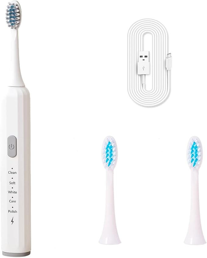 Electric Toothbrush for Adults, 5 Modes USB Rechargeable with 2 Extra Brush Heads, 66000 RPM Sonic Toothbrush with 2-Minute Timer, IPX7 Waterproof, Soft Bristles (White)