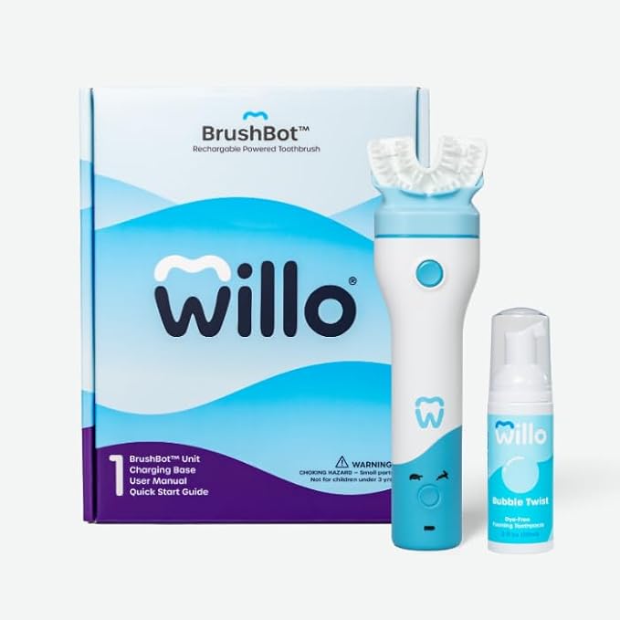 Willo BrushBot Kids U-Shaped Toothbrush Starter Kit – Rechargeable, Smart Electric Toothbrush for Kids Ages 5-7 w/App, Soft Bristles, Plaque Removal, Gentle & Deep Clean Modes | Small Bubble Twist