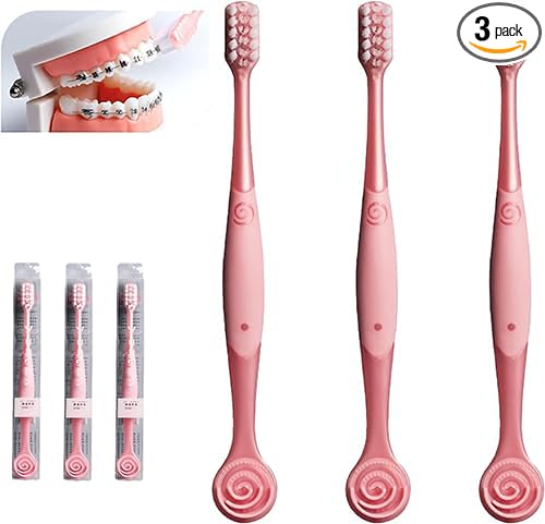 V-Shaped Orthodontic Toothbrush Dental Brush for Braces, for Kids/Teens/Adult, for Sensitive Teeth, for Delicate Gums, Soft Bristles, Toothbrush for Braces, with Tongue Cleaner, Pink, 3pcs