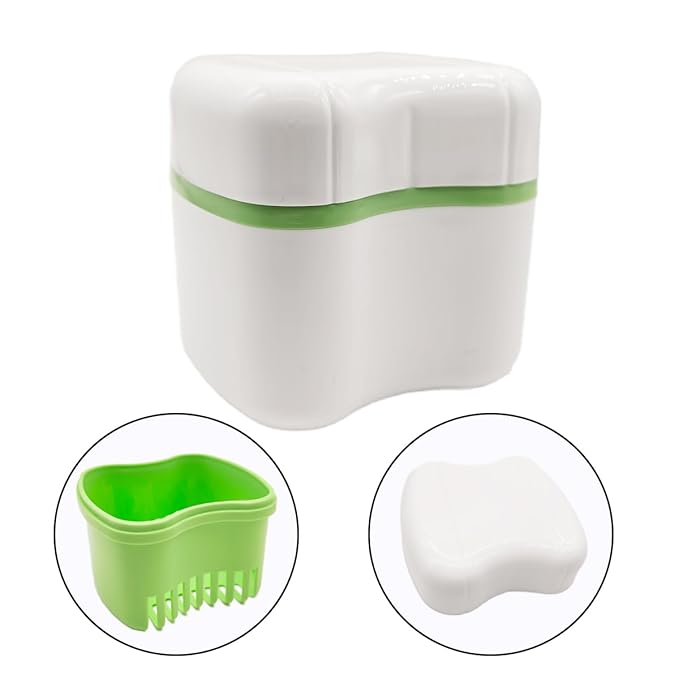 Easyinsmile Denture Bath Case with Brush for Travel Denture Cups for Soaking Dentures Retainer Cleaning Container Case with Strainer and Lid (Green)