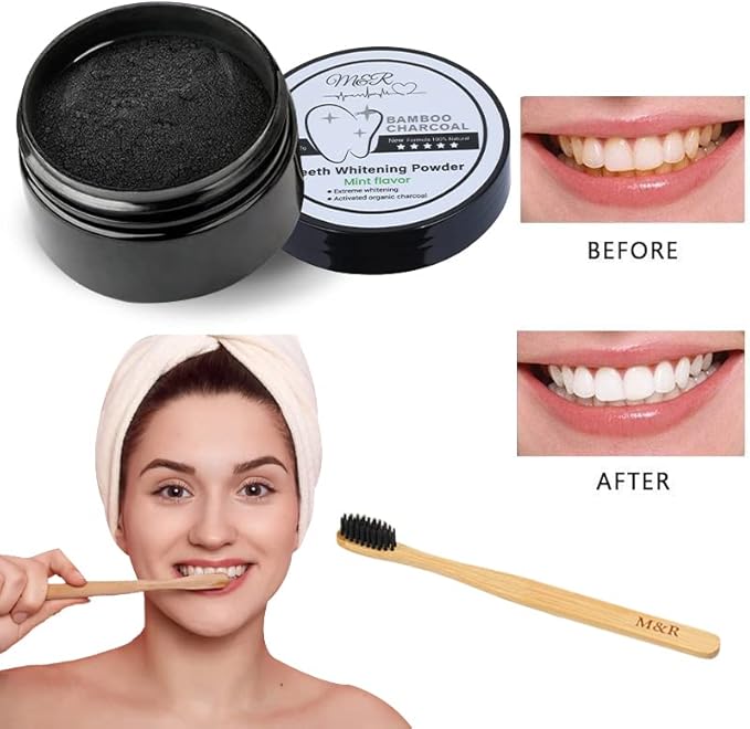 M&R New Formula More Delicate 100% Organic Activated Charcoal Teeth Whitening Powder+Bamboo Toothbrush /30g Coconut Charcoal, Effective Teeth Stain Remover and Toothpaste Alternative/Fresh Mint Taste