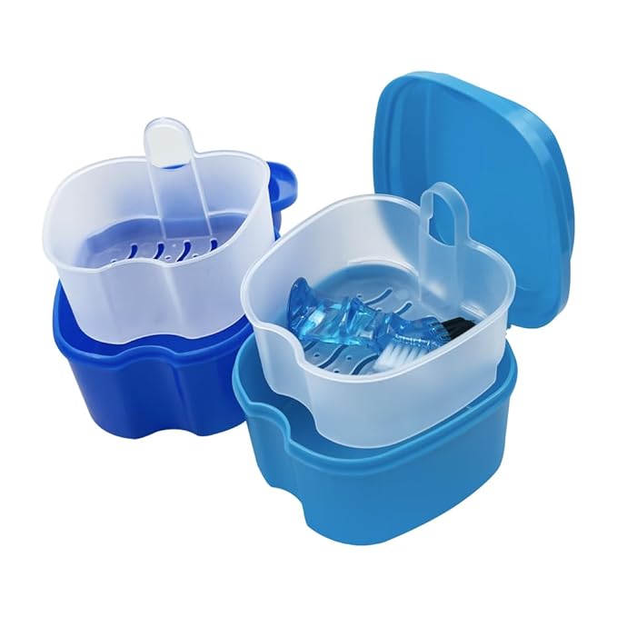 2pcs Denture Bath Retainer Case, Dentaure Cups for Soaking Dentures with Strainer Basket Tray,Compact and Pportable Design, Suitable for Traveling (Purple+Pink)
