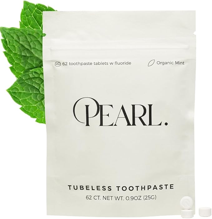 Pearl Fluoride Mint Toothpaste Tablets | Dentist Developed | Natural Whitening | Sensitivity Relief | TSA Approved | Plastic-Free | Reusable Packaging (62 Tablets)