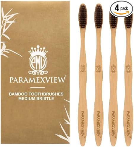 Paramexview® Natural Bamboo Toothbrushes Set of 4 | BPA-Free Medium Bristles, Eco-Friendly | Biodegradable Handle, Charcoal Infused and Organic Base