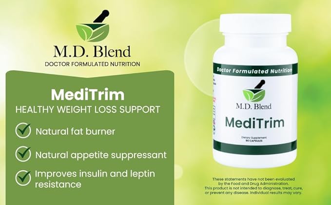 M.D. MediTrim - Expert Formulated Supplement Energy, Satiety, & Physique Goals - Smooth System Balance - Green Coffee Bean, Green Tea, Apple Cider Vinegar, Hibiscus - 90 Capsules