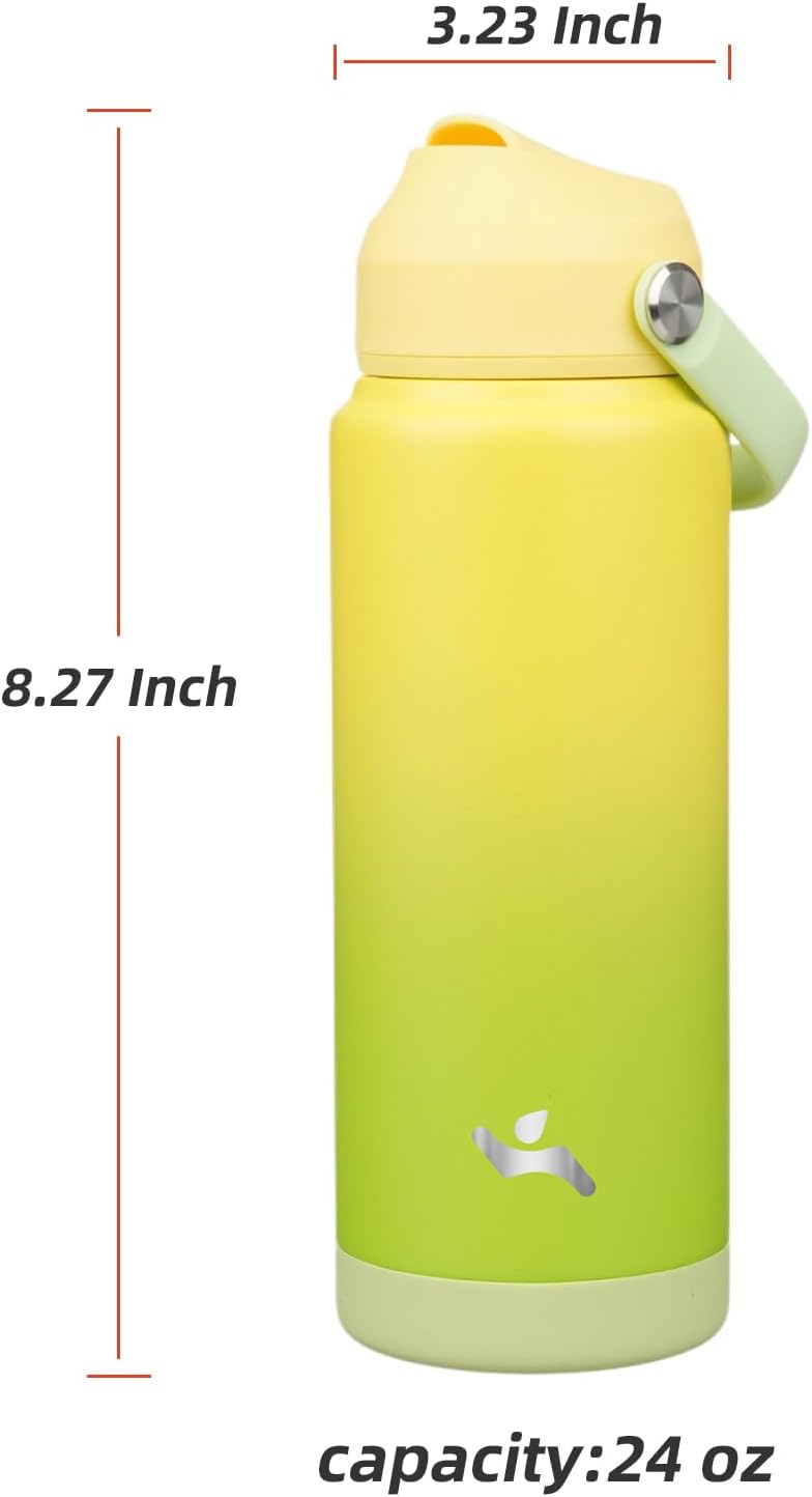 Insulated Water Bottle with Straw Lid,24 oz Stainless Steel Vacuum Metal Bottle with Silicone Handle,Lime