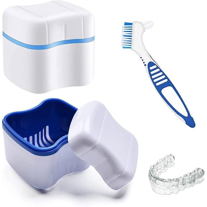 BTwood Denture Bath Kit – Includes 2 Denture Bath Cups, 2 Denture Cleaner Brushes, and 2 Strainer Baskets – Ideal for Dentures, Retainers, and Mouthguards