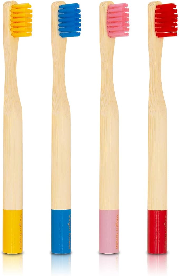 Virgin Forest Kids Bamboo Toothbrushes, Child Size Soft BPA Free Colored Safe Bristles (4 Pack)