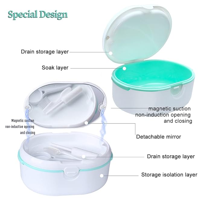 Denture Case, Double Denture Slot Cup Case Wet & Dry Portable Denture Case Portable False Teeth Container, Denture Cup with Lid for Cleaning Household Office Travel (White)