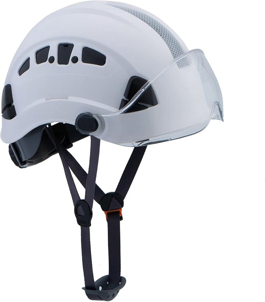 LOHASPRO Hard Hats Construction Safety Helmet with Visor ANSI Z89.1 Approved OSHA Hardhat, Vented Men White Hard Hat with Chin Strap Tree Climbing Arborist Helmet (P1 White+Clear Visor)