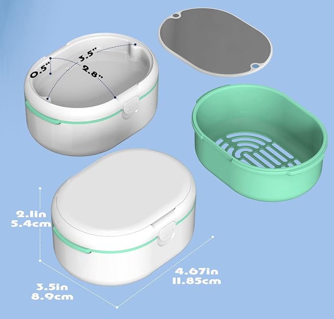 MURRI&MURRDI Retainer Case, Denture Bath Box with Strainer Basket, Mouth Guard Case, Braces Cleaner Cup, Cute Retainer Holder Denture Storage Soak Container for Travel Cleaning (D White)