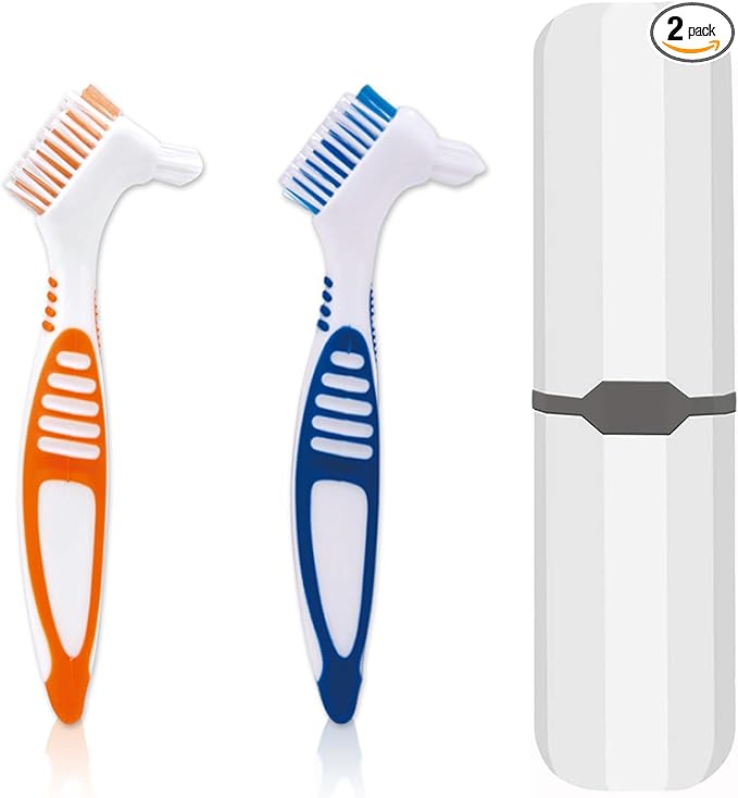 Denture Brush, 2 Pcs False Teeth Toothbrush with White Carrying Case, Multi-Tiered Bristles with Comfort Grip Handle for Effective Denture Cleaning