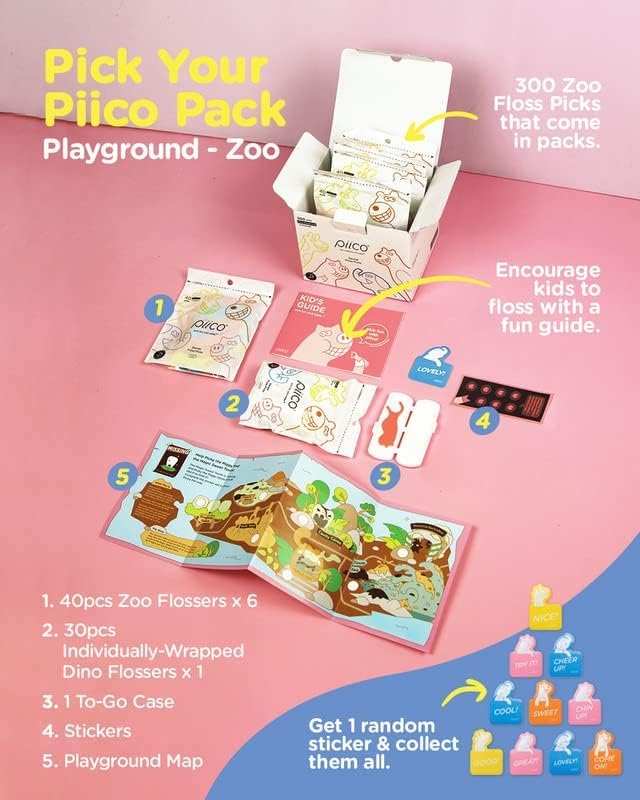 Piico Unflavored Kids Floss - No Fluoride Dual Line Dental Floss Picks - Fun Oral Care in Colorful Floss Sticks Design - Flossers Prevent Tooth Decay & Gum Disease - 300 Playground Zoo & Travel Case