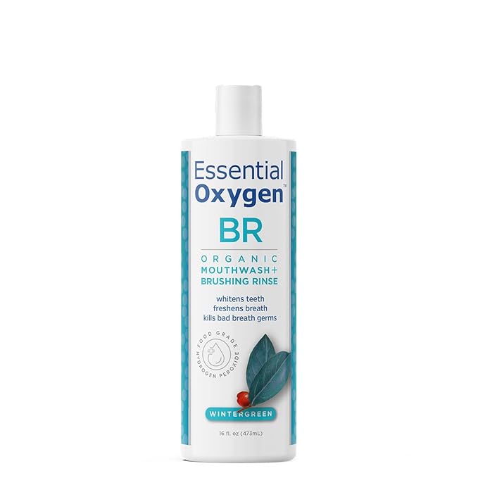 Essential Oxygen Certified BR Organic Brushing Rinse, All Natural Mouthwash for Whiter Teeth, Fresher Breath, and Happier Gums, Alcohol-Free Oral Care, Wintergreen, 16 Ounce