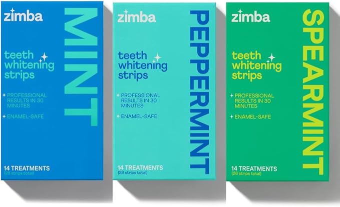 Zimba Teeth Whitening Strips 3-Pack Bundle (Mint, Spearmint, Peppermint) | Vegan Whitening Strip Enamel Safe Teeth Whitening Hydrogen Peroxide Teeth Whitener for Coffee, Wine, Tobacco, & Other Stains