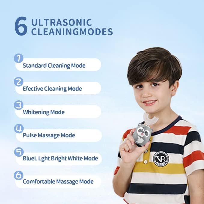 Kids Electric U Shaped Toothbrush Children Rechargeable Sonic Toothbrush with 4 Brush Heads Full Mouth 6 Cleaning Modes - (Age 2-7, Gray)
