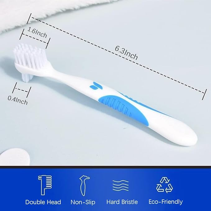 Y-Kelin Denture Brush Hard Bristles, Denture Toothbrush with Dual Head & Rubber Handle Non-Slip (Red+Blue, 2 Pcs)