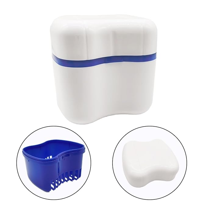 Easyinsmile Denture Bath Case with Brush for Travel Denture Cups for Soaking Dentures Retainer Cleaning Container Case with Strainer and Lid (Blue)
