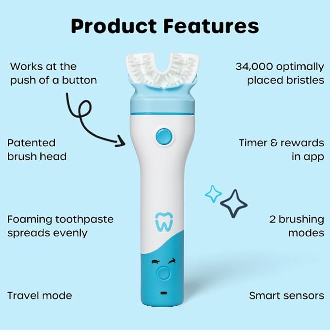 Willo BrushBot Kids U-Shaped Toothbrush Starter Kit – Rechargeable, Smart Electric Toothbrush for Kids Ages 12+ w/App, Soft Bristles, Plaque Removal, Gentle & Deep Clean Modes | Large Minty Mist