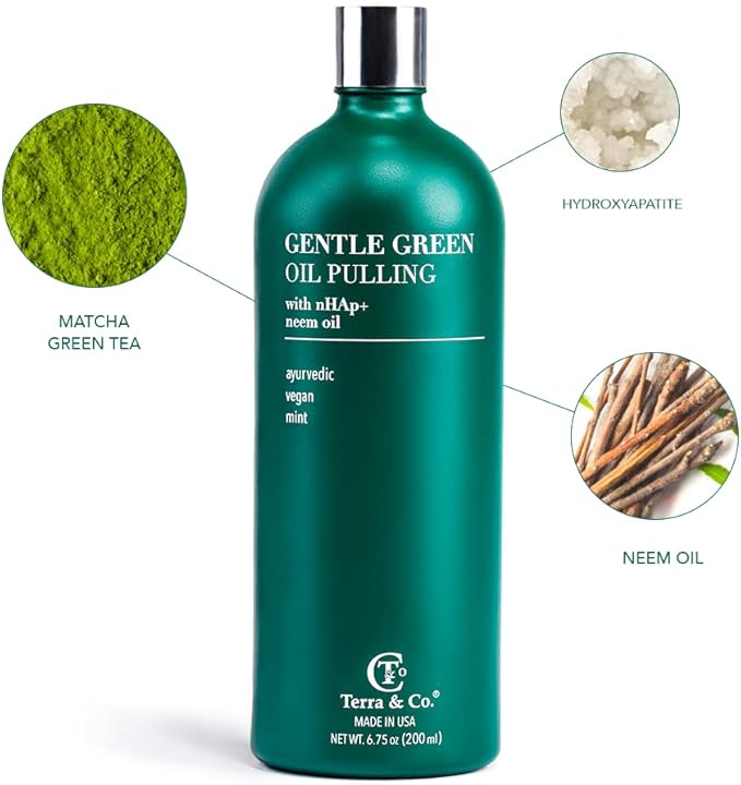 Terra & Co. Gentle Green Oil Pulling for Teeth and Gums - Vegan Natural Mouthwash No Alcohol or Fluoride to Improve Oral Health - Made with Cold Pressed Plant Oils and Nano Hydroxyapatite | 6.75 oz