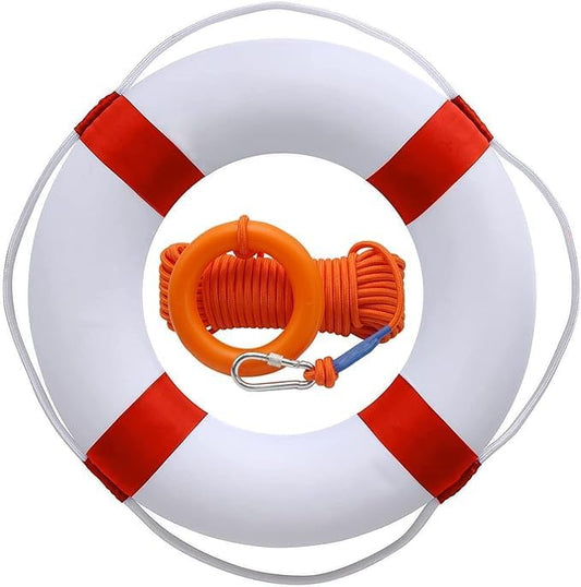 Lifebuoy Set 20Inch Life Preserver Ring and Water Floating Lifesaving Rope 98.4FT,Swim Foam Buoy,Swimming Pool Safety Throwing Ring with Perimeter Rope,Throwable Flotation Device