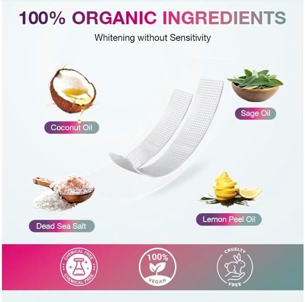 Peroxide Free Teeth Whitening Strips 14 Treatments - New Gentle Formula for Sensitive Teeth. Deep Stain Removal - Coconut Oil, Sage, Lemon Peel, Dead Sea Salt for Beautiful Bright Smile. (28 Strips)