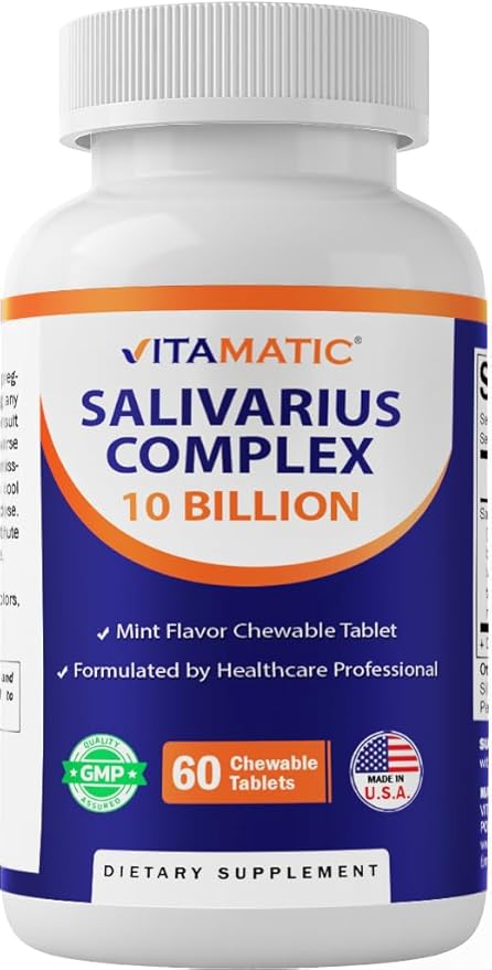 Vitamatic Salivarius Complex 10 Billion Chewable Mint Flavored Tablet - 60 Count - Oral Health Chewable Probiotics + Prebiotics - Supports Healthy Teeth, Gums, & Better Breath