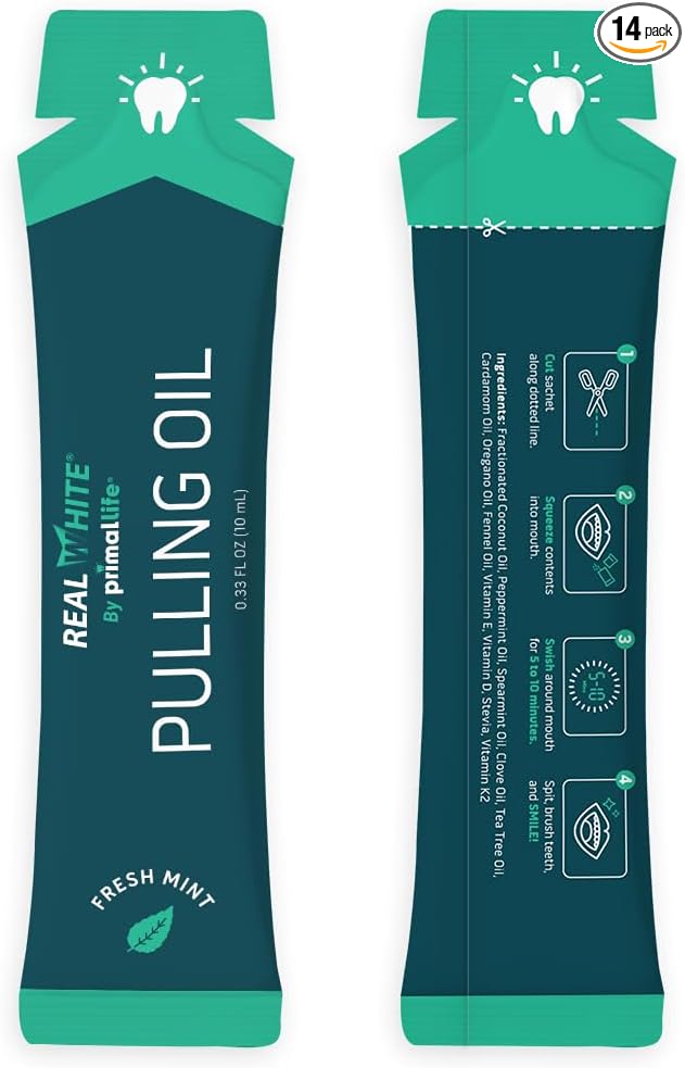 Primal Life Organics – Real White Pulling Oil, Teeth Whitening Mouthwash with Essential Oils, Coconut, Tea Tree, Key Vitamins, Chemical Free, Fluoride Free, 14 Sachets (Fresh Mint, 0.33 oz.)