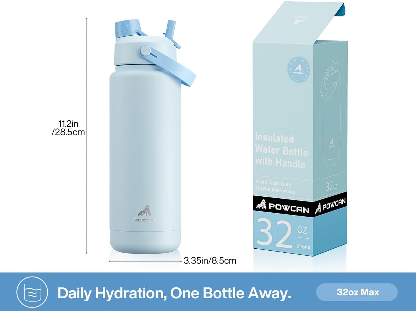 32 oz Insulated Water Bottle with 2-in-1 Straw and Spout Lid, Keep Cold 24H, Leak-Proof, BPA-Free, Double Wall Stainless Steel Water Bottle for Sports, Gym, Travel, and School (Sea Breeze)