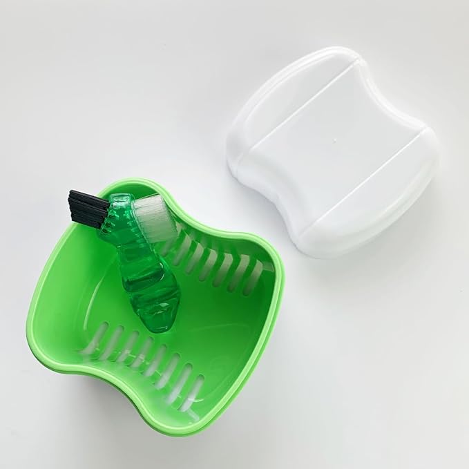 Easyinsmile Denture Bath Case with Brush for Travel Denture Cups for Soaking Dentures Retainer Cleaning Container Case with Strainer and Lid (Green)
