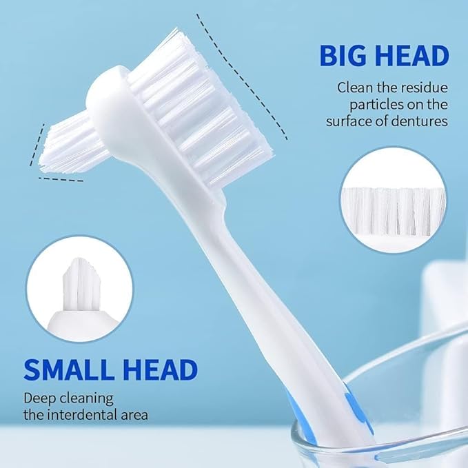 Y-Kelin Denture Brush Hard Bristles, Denture Toothbrush with Dual Head & Rubber Handle Non-Slip (Red+Blue, 2 Pcs)