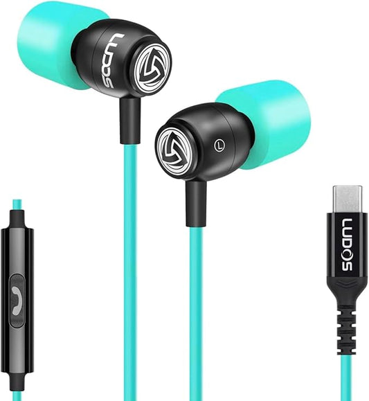 LUDOS Clamor USB C Headphones for iPhone 16 15 Pro Max Plus iPad Pro, 5 Years Warranty, USB-C Earbuds for Samsung Galaxy S24 S23 Ultra S22 S21 FE S20 A55 A54 A53, USB Type C Earphones - Turquoise