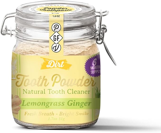 The Dirt - Remineralizing Tooth Powder, Natural Fluoride-Free Teeth Whitening Powder with Hydroxyapatite, Flouride & Gluten Free, Organic Vegan (Lemongrass & Ginger, 51g: 6 Month Supply)