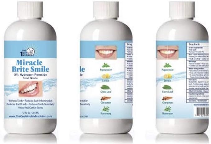 Miracle Brite Smile - Essential Oxygen Rinse Mouthwash for Whiter Teeth, Fresher Breath, and Healthier Gums, Peppermint 12 fl. oz. Our Brand is Reconmended by Dentists.