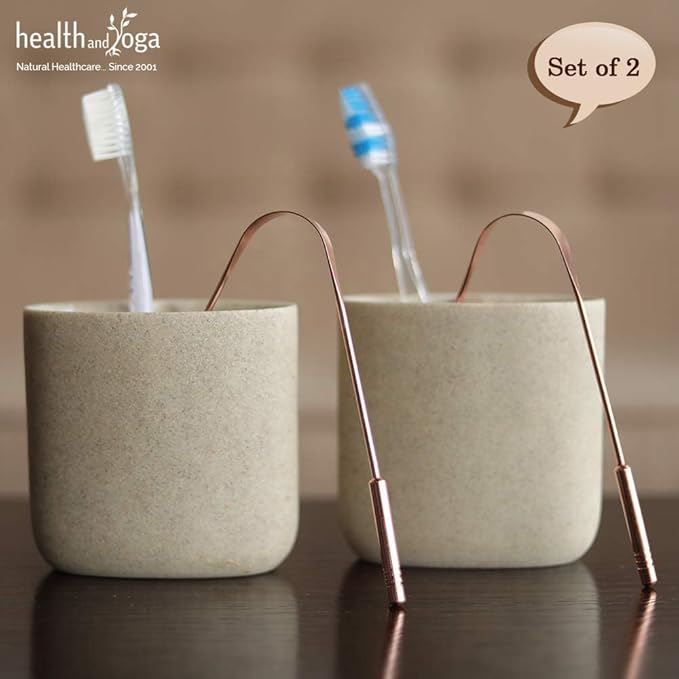 HealthAndYoga™ qSwipe Copper Tongue Cleaner Scraper - Hygienic, Non-Synthetic Grip – Tongue Brush Cleaner (Copper - 2-Pack)
