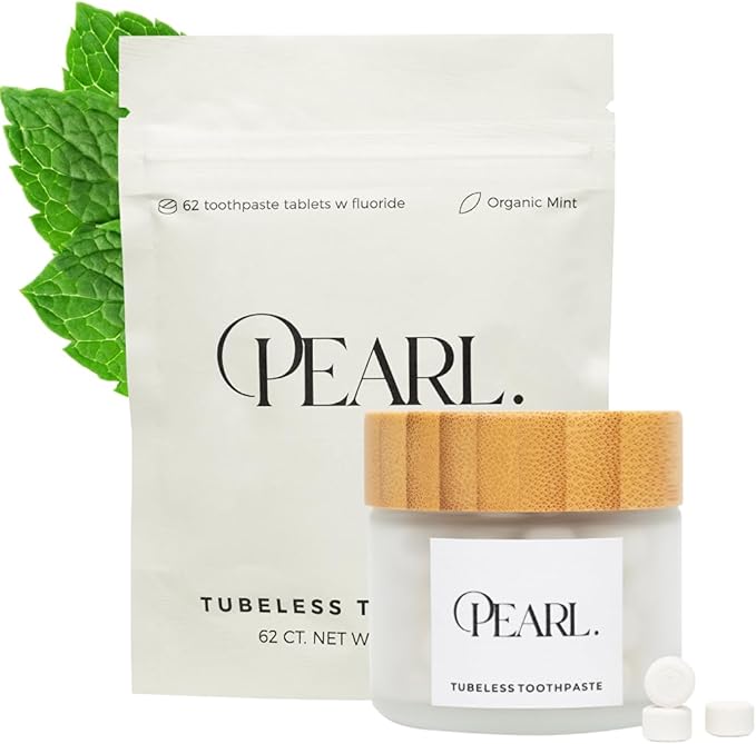 Starter Kit: The Pearl Jar & Fluoride Mint Toothpaste Tablets | Dentist Developed | Natural Whitening | TSA Approved | Reusable Packaging (Jar + 62 Tablets)