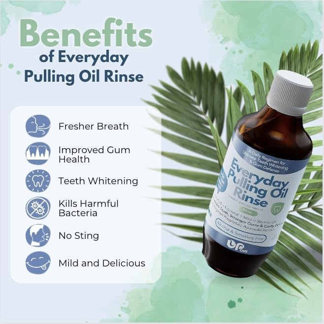 UpOne Whitening Oil Pulling Rinse - Unmatched 25+ Herb Oil Blend, Teeth Whitening Advanced Alcohol Free Ayurvedic Formula, Fresh Mint Flavor, Eliminates Bad Breath, Brighten Teeth Naturally - 8 fl. oz