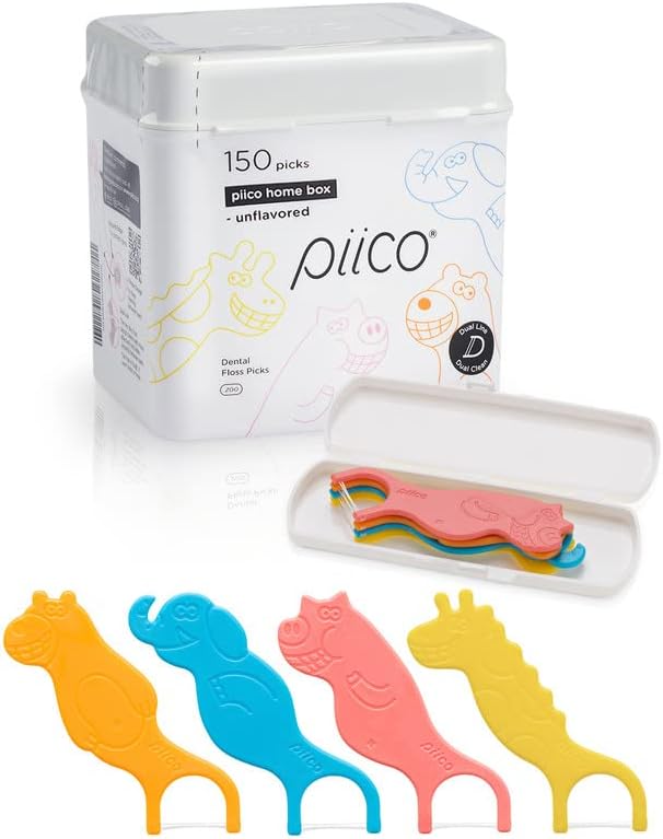 Piico Unflavored Kids Floss - No Fluoride Dual Line Dental Floss Picks - Fun Oral Care in Colorful Floss Sticks Design - Kids Flossers Prevent Tooth Decay & Gum Disease - 150 Homebox Zoo & Travel Case