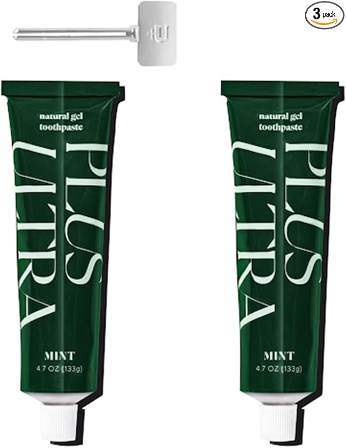 Plus Ultra 2 Organic Fluoride-Free Gel Toothpaste in Aluminum Tube | Eco-Friendly, SLS Free | Made with Aloe, Peppermint, Bamboo Extract | for Sensitivity & Whitening & 1 Toothpaste Squeezer Turn Key