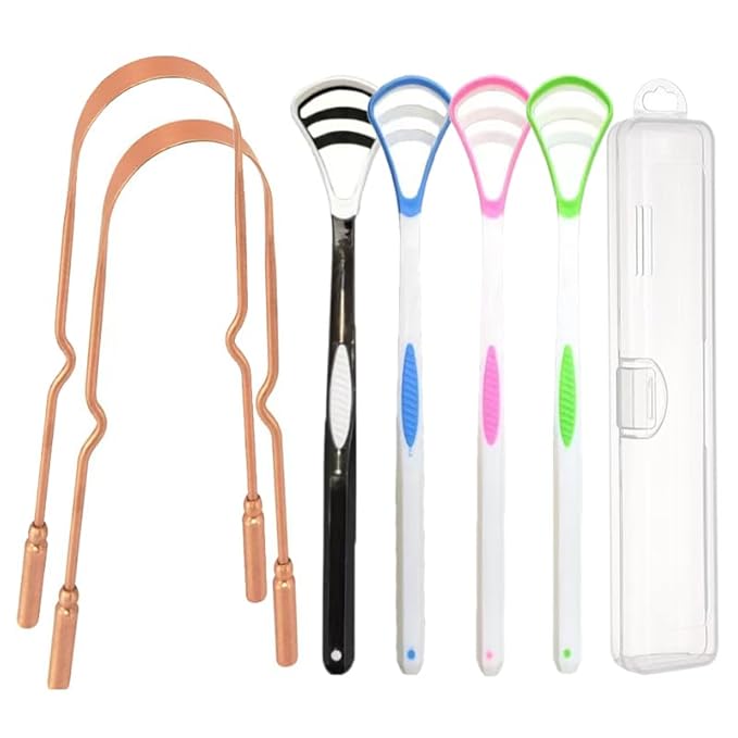 Copper Tongue Scraper Set Tongue Cleaner Kits Plastic Oral Tongue Cleaning Tools Brush for Fresh Breath and Mouth Hygiene Care with Travel Case (3.0” x 5.0”)