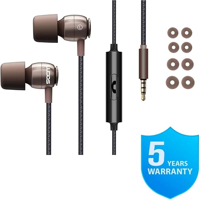 LUDOS Clamor Wired Earbuds in-Ear Headphones, 5 Years Warranty, Earphones with Microphone, Noise Isolating Ear Buds, Memory Foam for iPhone, Samsung, School Students, Kids, Women, Small Ears - Brown